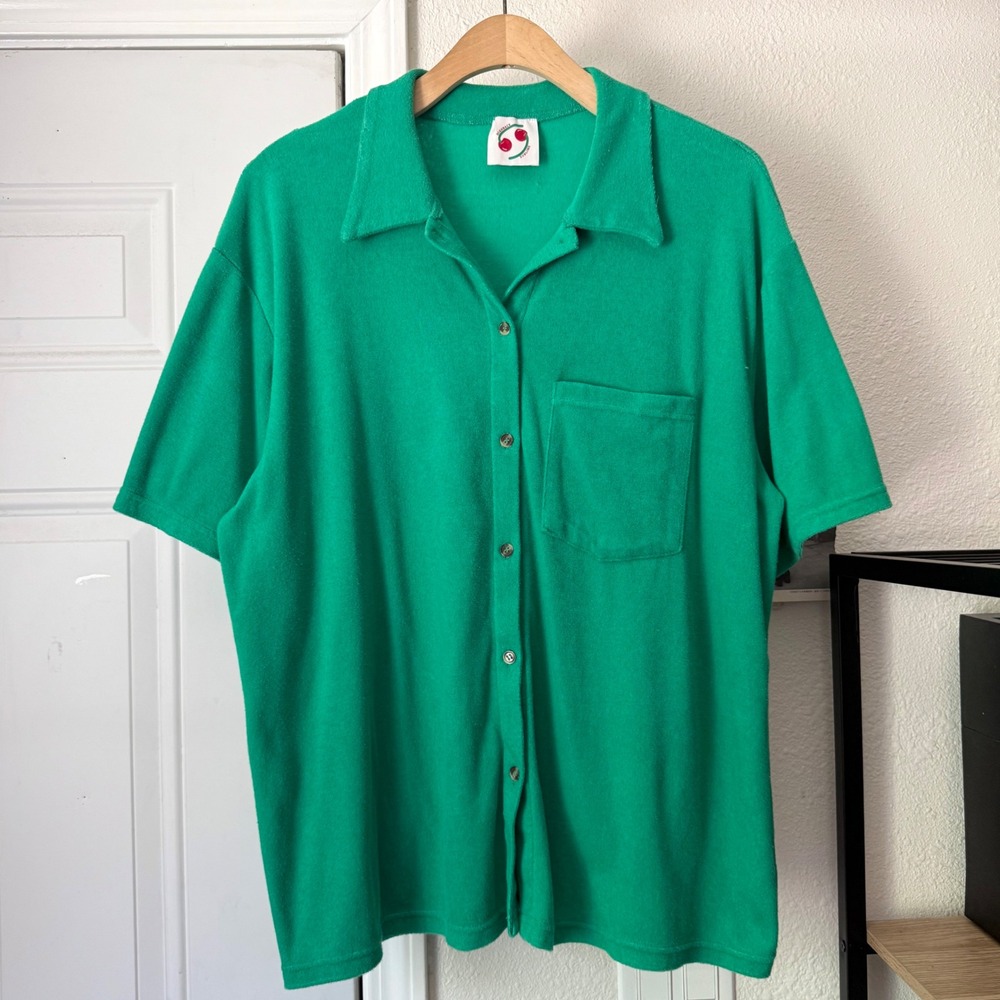 HIGHRACK STUDIOS Kelly green cotton terry cloth short sleeve button up shirt